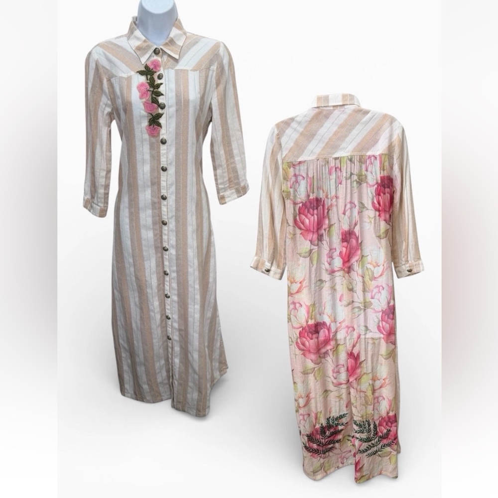 Aratta Silent Journey Boho Embroidered floral Duster Dress XS Festival buttons